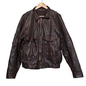Vintage 80s Brown 100% Leather Bomber Jacket Full Zip Retro Moto Biker Mens L